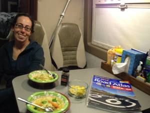 Another Van-cooked meal (matzo ball soup) over route and camp planning